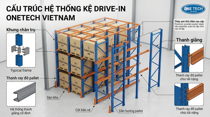 Cấu tạo hệ thống kệ Drive In công nghiệp Cấu tạo kệ drive in công nghiệp gồm chân trụ ray đỡ pallet và giằng