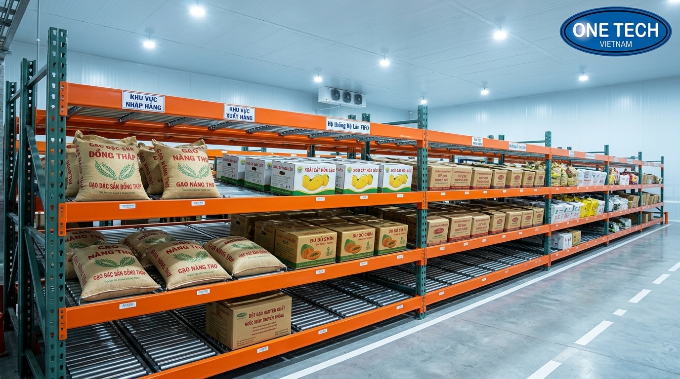 Kệ con lăn dùng cho kho nông sản và thực phẩm tại Đồng Tháp