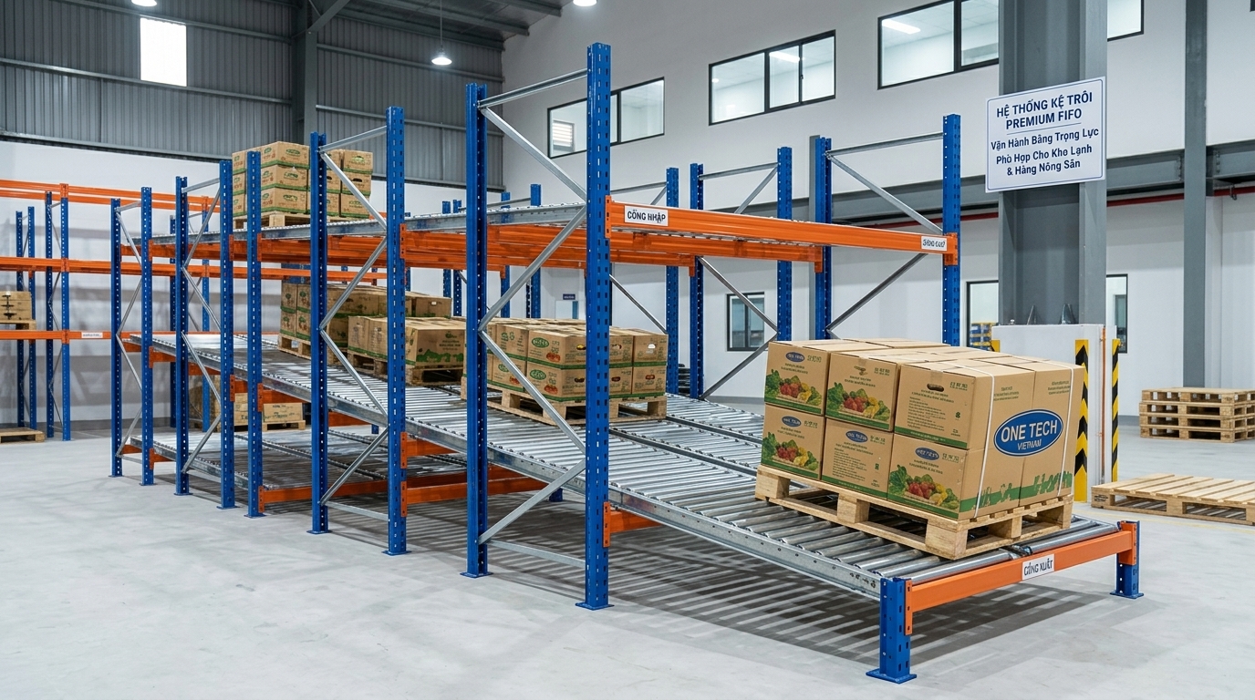 Kệ Flow racks Đồng Tháp với hệ ray con lăn dùng cho kho hàng FIFO