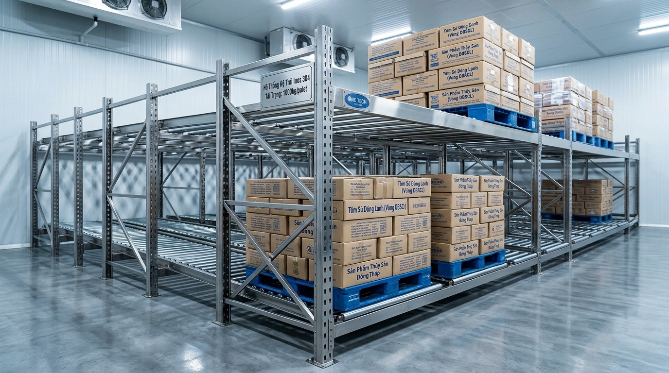 Kệ Flow racks inox chống rỉ phù hợp kho lạnh và kho thực phẩm Đồng Tháp