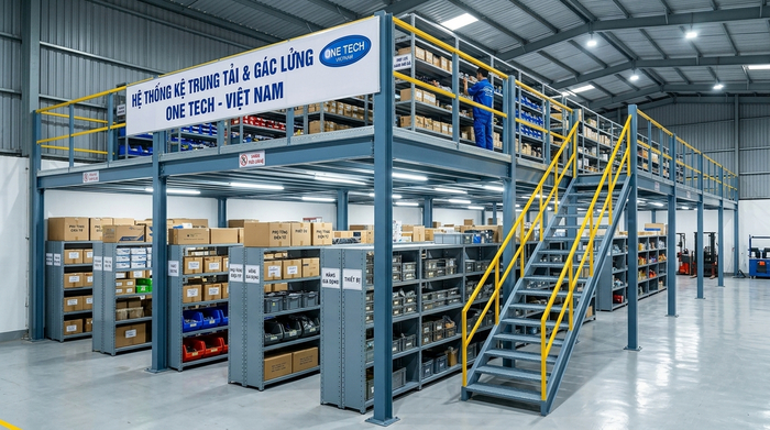 Kệ sàn mezzanine kết hợp kệ phụ lưu trữ hàng hóa Kệ sàn mezzanine kết hợp kệ trung tải trong kho