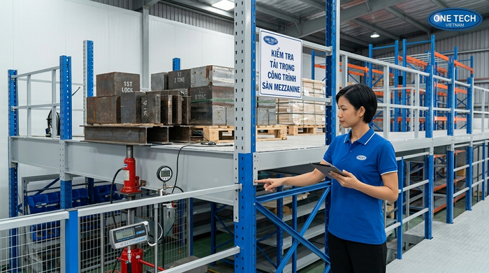 Kiểm tra tải trọng kệ sàn mezzanine an toàn Kiểm tra tải trọng kệ sàn mezzanine trước khi lắp đặt