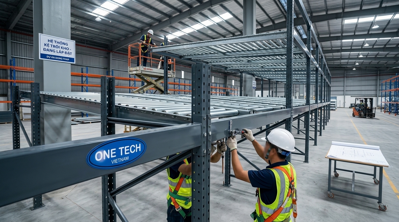 Lắp đặt kệ flowrack tại kho hàng Đồng Tháp theo bản vẽ kỹ thuật