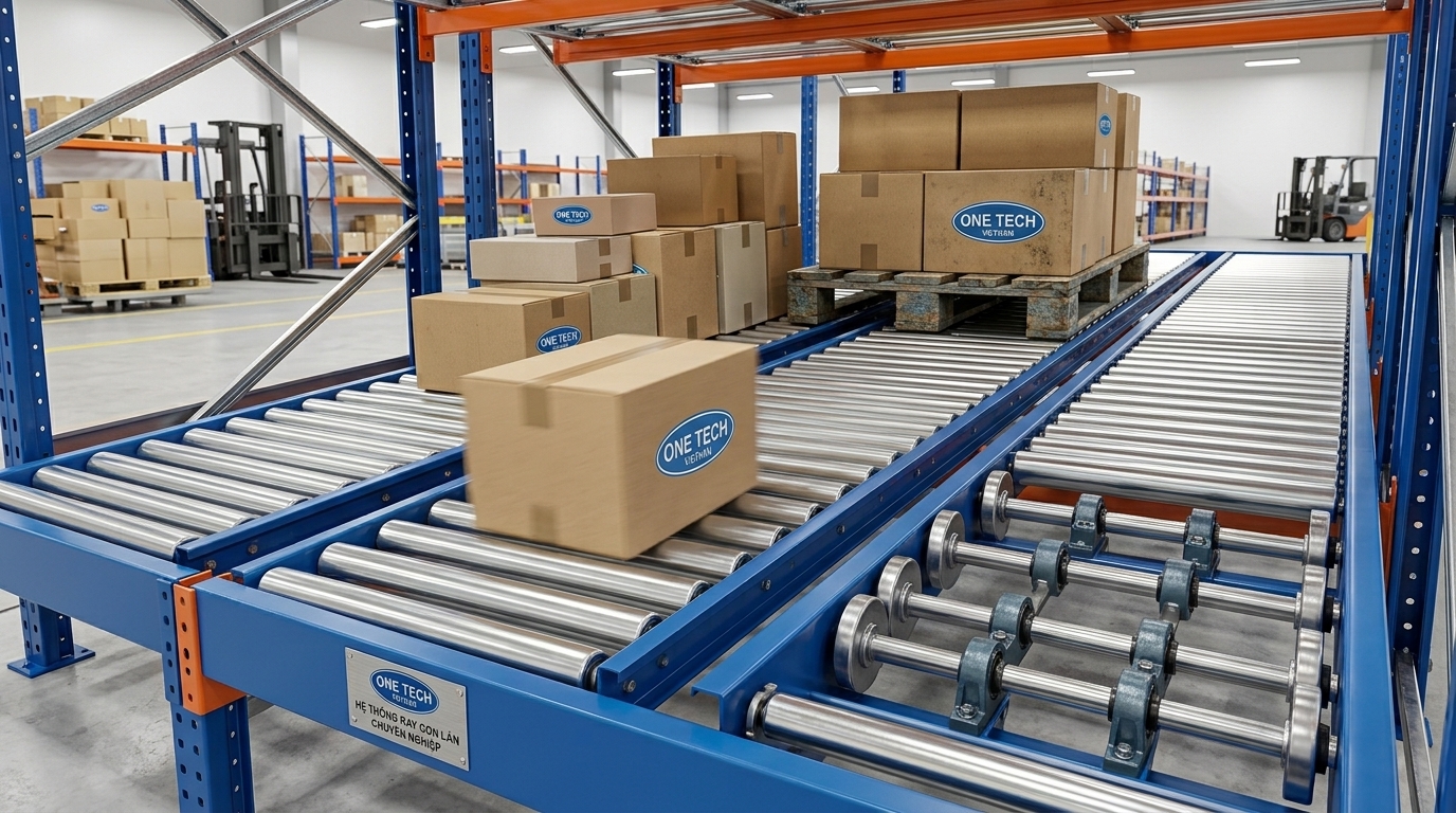 Ray con lăn của kệ flowrack cho pallet và thùng carton tại Đồng Tháp