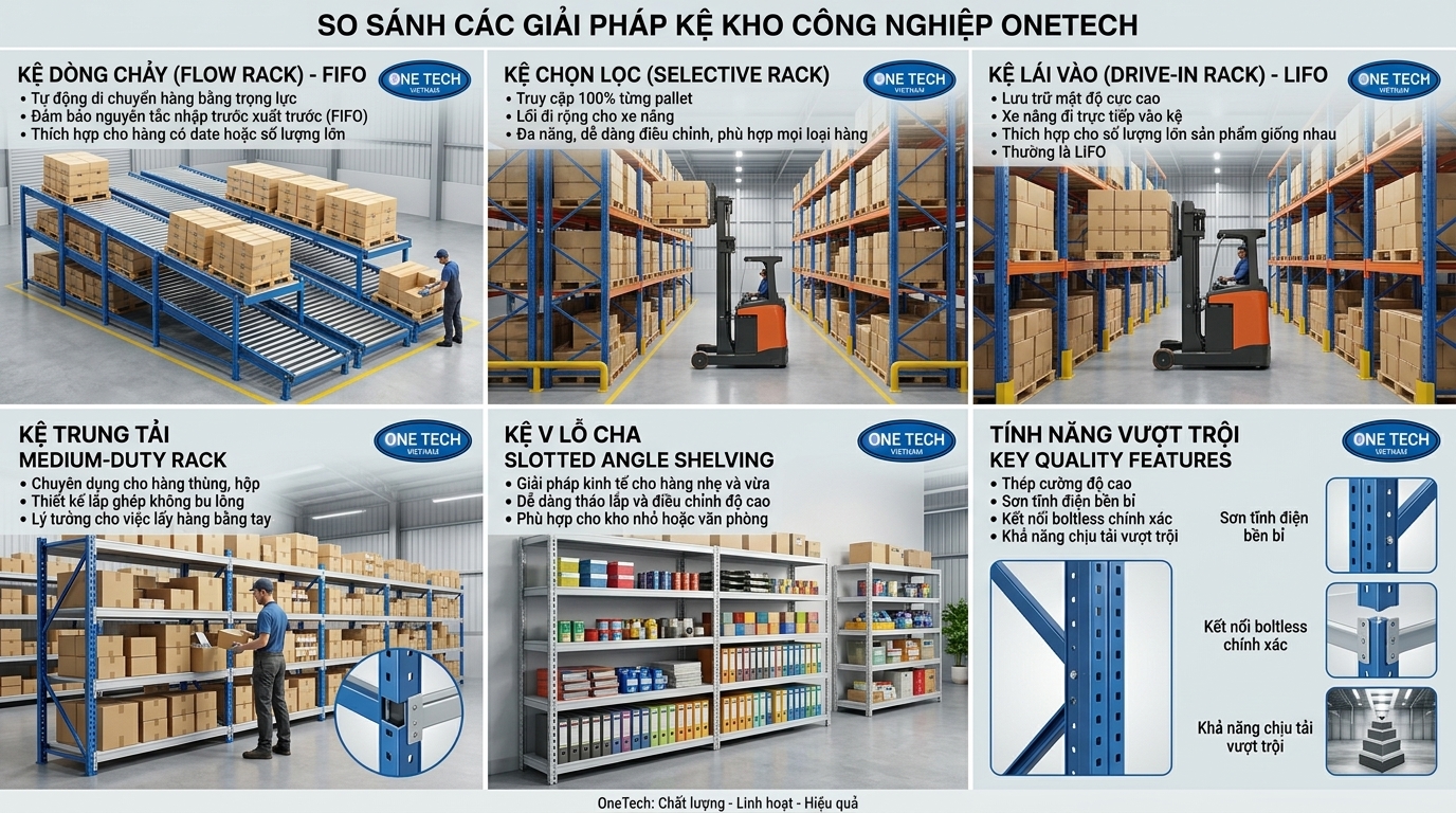 So sánh kệ Flow racks Đồng Tháp với các loại kệ kho thông dụng
