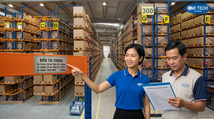 Bàn giao nghiệm thu kệ Narrow Aisle với biển tải trọng và hồ sơ kỹ thuật