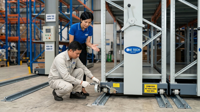 Bảo trì kệ kho di động Đồng Tháp kiểm tra ray bánh xe và an toàn