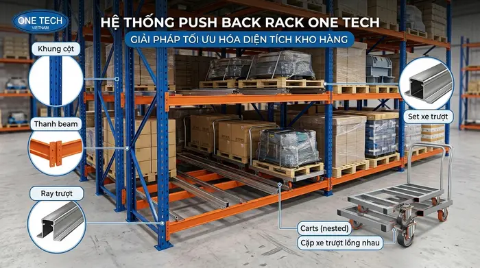 Cấu tạo cơ bản của hệ kệ Push Back Cấu tạo Kệ Push Back Đồng Tháp gồm khung cột thanh beam ray trượt và xe trượt