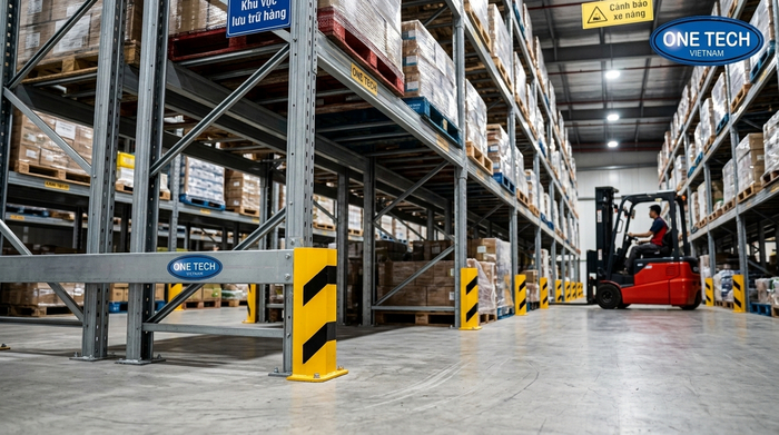 Chân bảo vệ kệ pallet giúp giảm va chạm xe nâng trong kho trung chuyển
