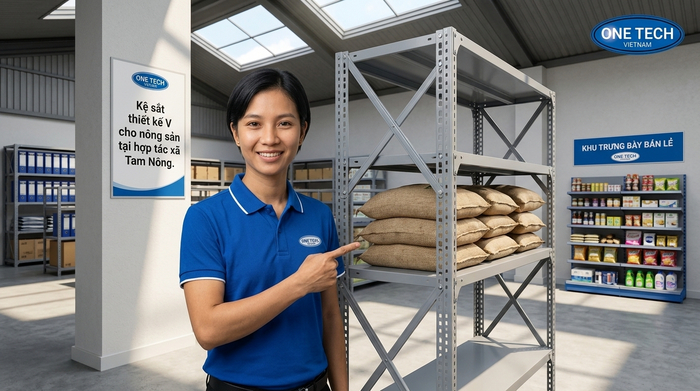 Kệ sắt thiết kế V cho nông sản tại hợp tác xã Tam Nông Kệ sắt thiết kế V cho nông sản tại hợp tác xã Tam Nông
