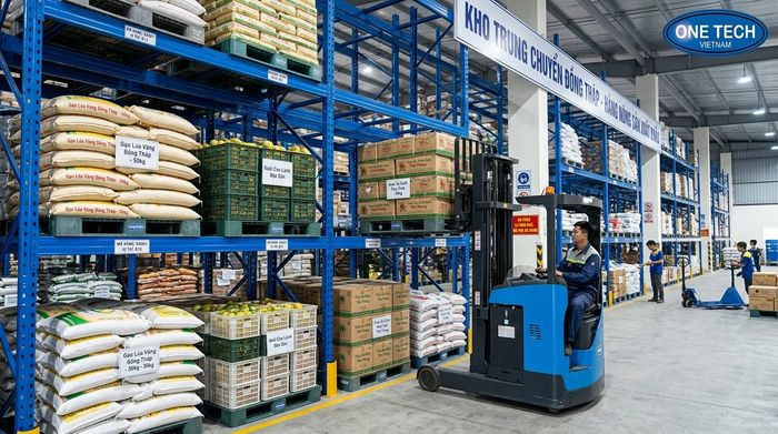 Kệ selective chứa pallet nông sản trong kho trung chuyển Đồng Tháp
