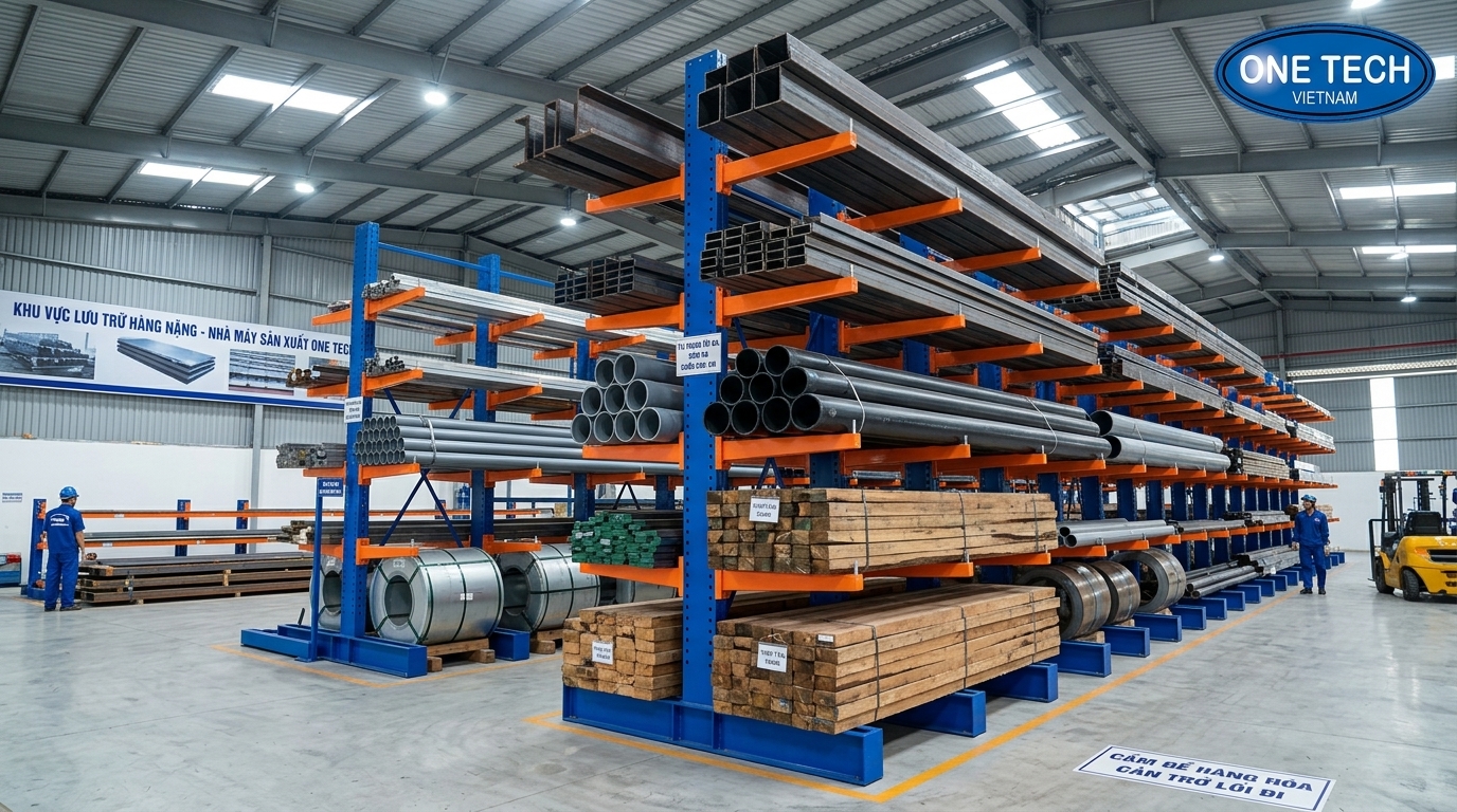 Kệ tải trọng nặng dùng cho hàng dài trong kho sản xuất tại Đồng Tháp