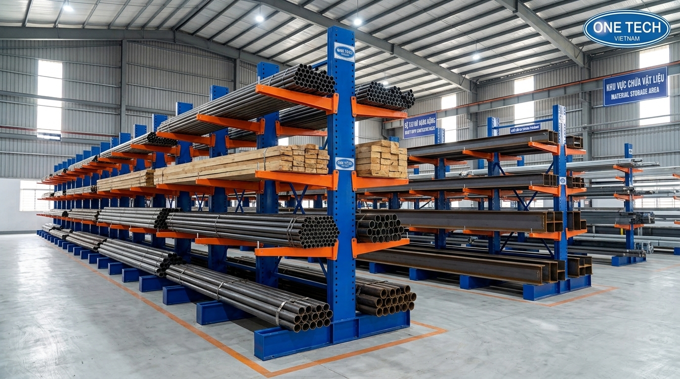 Kệ tay đỡ chứa hàng dài cho kho vật tư và xưởng sản xuất tại Đồng Tháp