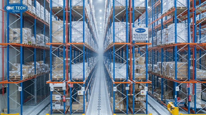 Kệ VNA kho cấp đông thủy sản tại Đồng Tháp có lối đi hẹp và mật độ cao