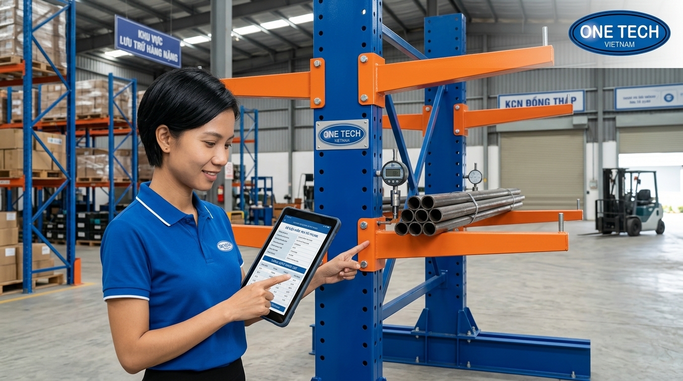 Kiểm tra tải trọng kệ tay đỡ trước khi lắp đặt trong kho Đồng Tháp