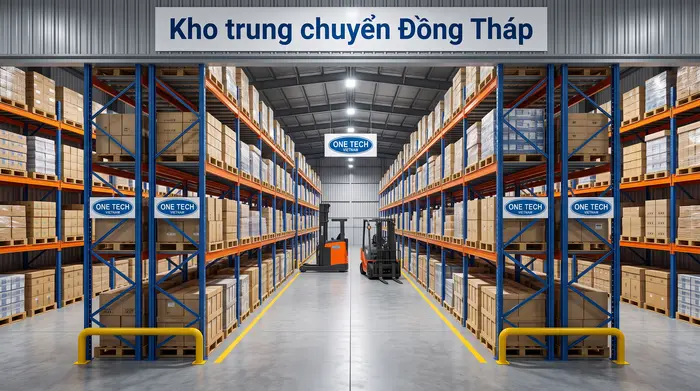 Lối đi xe nâng trong kho trung chuyển Đồng Tháp được bố trí theo luồng xuất nhập