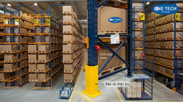 Phụ kiện an toàn cho kệ Narrow Aisle gồm bảo vệ chân trụ và chốt khóa beam