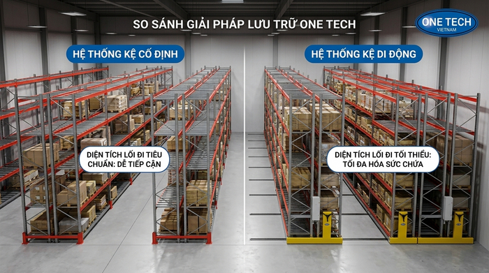So sánh kệ cố định và kệ kho di động trong cùng diện tích kho