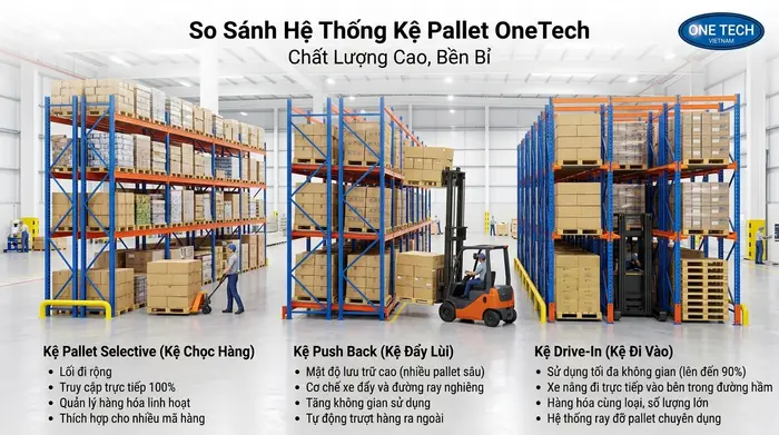 So sánh các loại kệ pallet công nghiệp So sánh Kệ Push Back Đồng Tháp với kệ Selective và Drive In