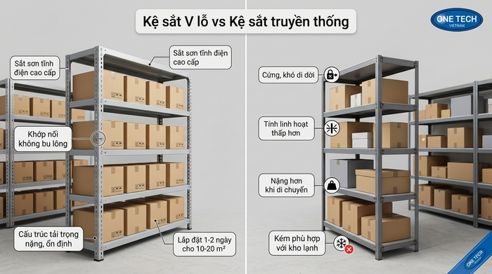 So sánh kệ sắt V lỗ và các loại kệ truyền thống So sánh kệ sắt V lỗ và các loại kệ truyền thống