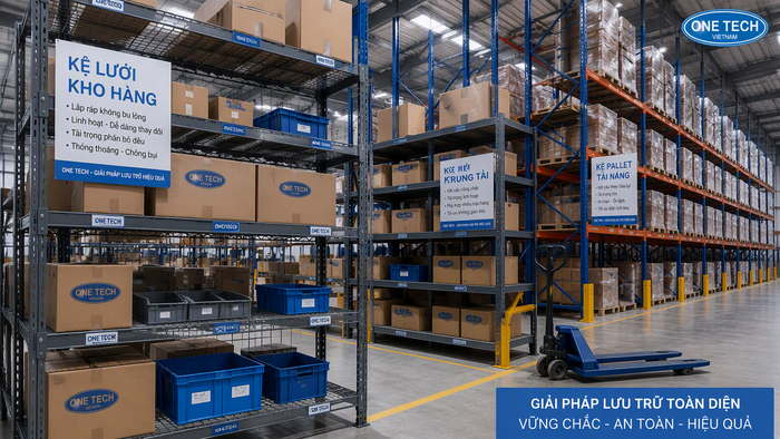 Bộ thiết bị nhà kho Đồng Tháp gồm kệ pallet và xe nâng tay