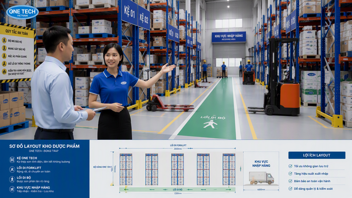 Sơ đồ bố trí kệ kho dược phẩm Đồng Tháp tối ưu lối đi và khu nhận hàng