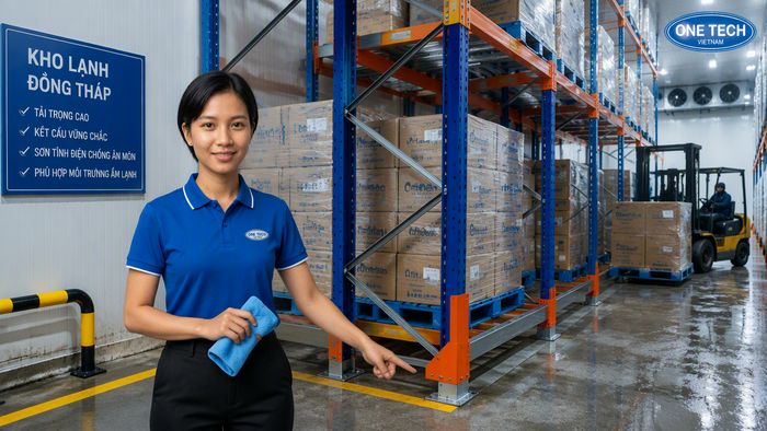 Vệ sinh kệ xếp chồng trong kho lạnh Đồng Tháp