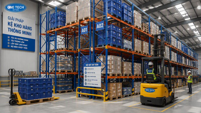 Xe nâng tay và pallet dùng trong kho hàng Đồng Tháp
