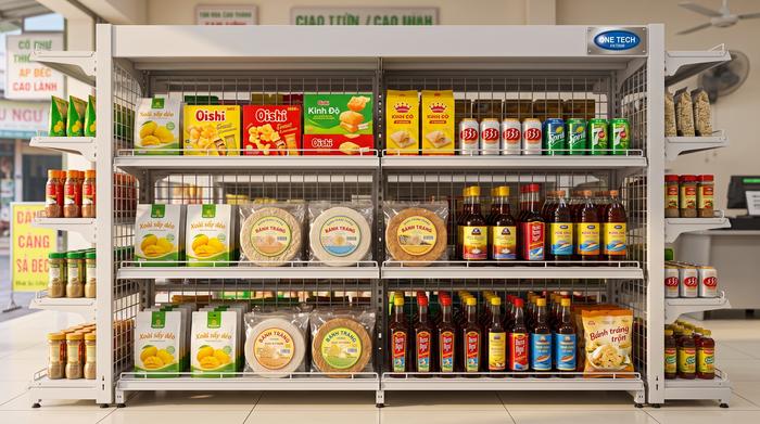 Kệ siêu thị lưới cho cửa hàng tạp hóa và shop đặc sản Đồng Tháp