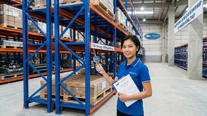 Kiểm tra tải trọng kệ trung tải sau lắp đặt tại kho Đồng Tháp