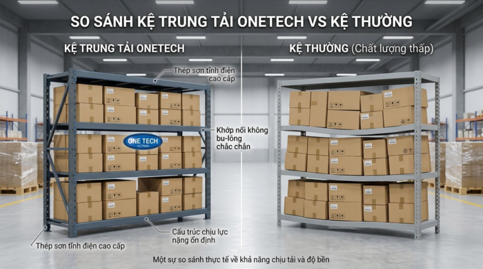 So sánh kệ trung tải chất lượng và kệ dùng vật liệu mỏng dễ cong võng